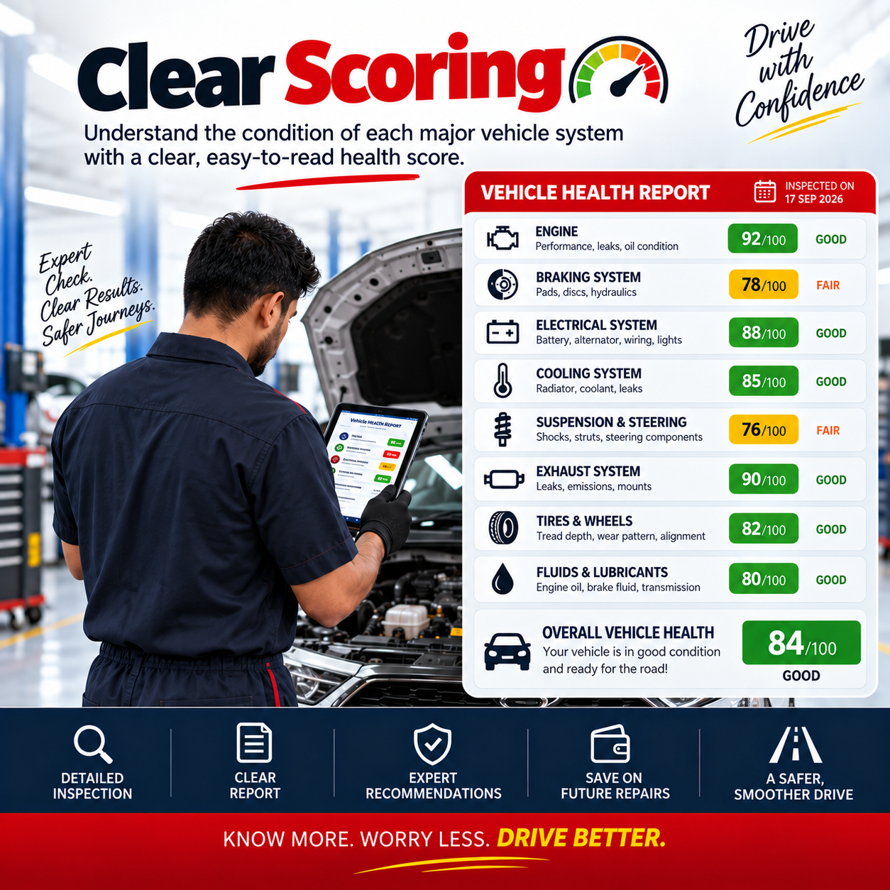 Clear Scoring — easy-to-read vehicle health score